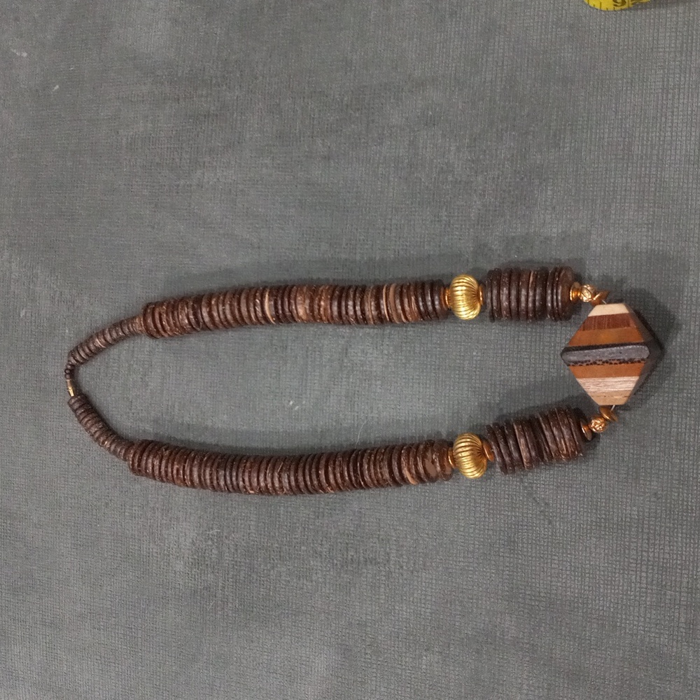 Statement Brown Wood Coin & Pendant Bead Chunky Style Necklace Brown